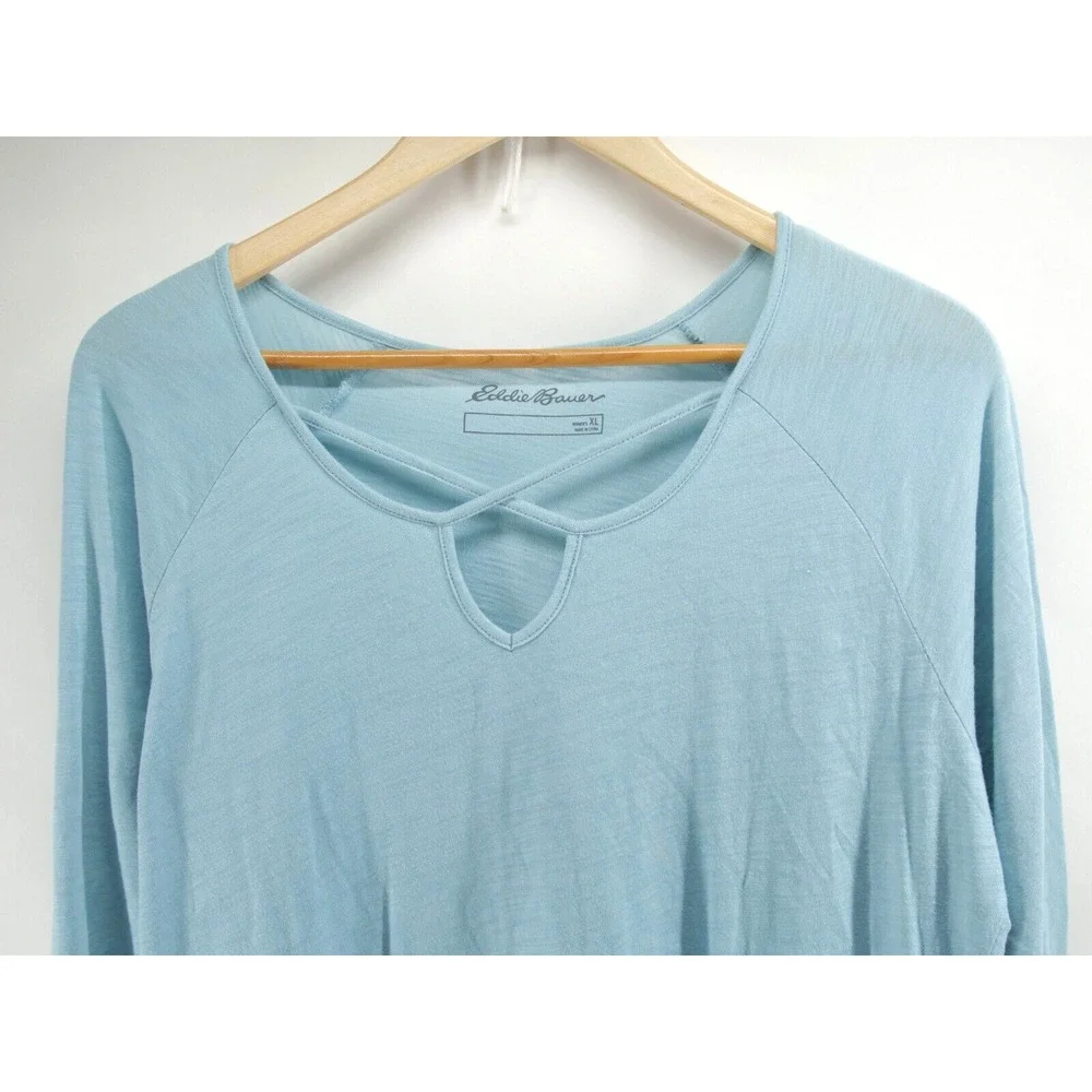 2 Eddie Bauer Modal Tunic Top Crisscross Front 3/4 Sleeve Cotton Black Blue XL - Picture 11 of 13